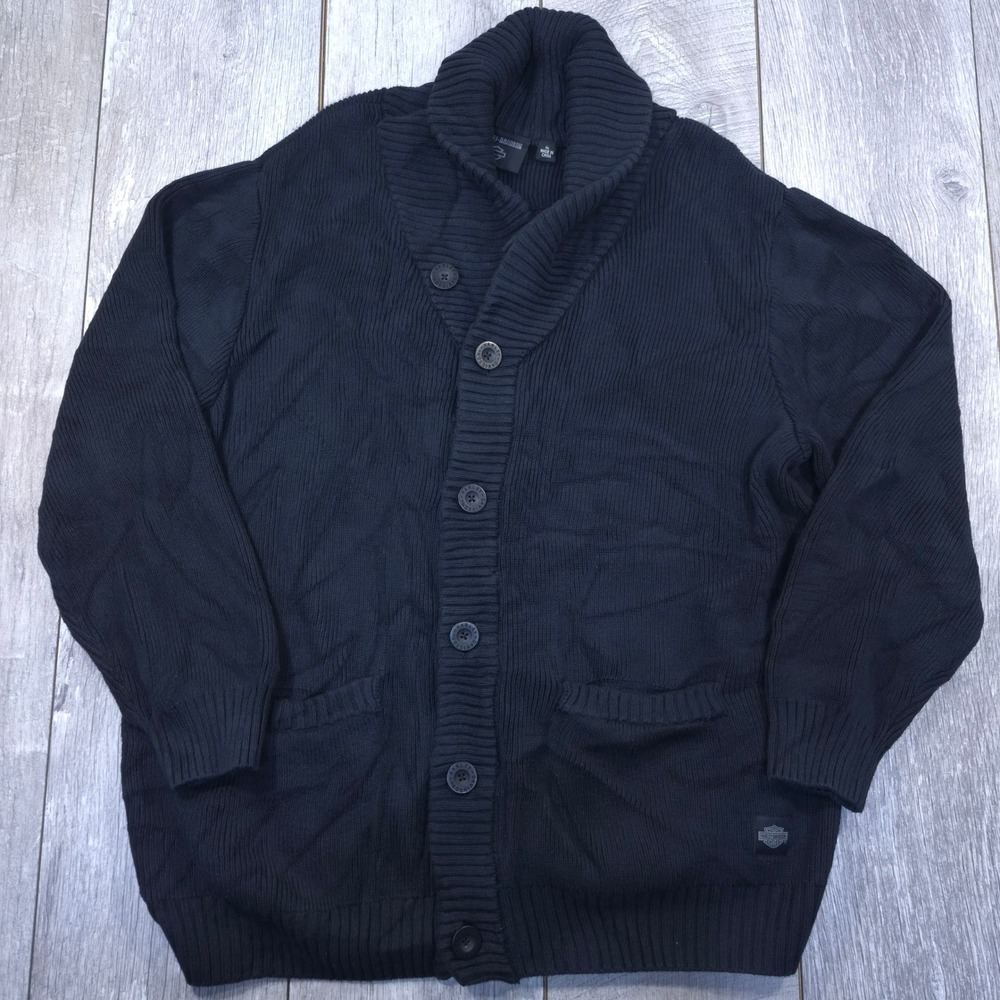 Harley Davidson Cardigan Mens XL Black Ribbed Knit Shawl Collar Embroidered Logo